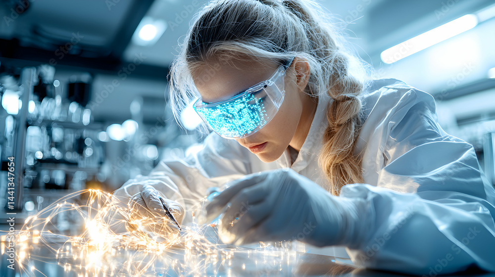 Aufkleber a scientist in a lab wearing high-tech glasses examines glowing wires and objects. it suggests futur