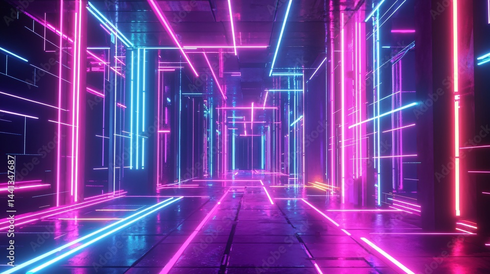 Aufkleber futuristic hallway illuminated with vibrant neon lights creating an abstract and surreal atmosphere 