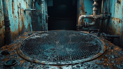 Detailed Inspection of a Grease Trap in an Industrial Setting with Rusty Pipes and a Grimy Surface