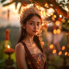 A stunning young woman wearing a luxurious traditional crown and elegant embroidered dress poses gracefully at sunset. Surrounded by golden bokeh lights and a tropical outdoor setting