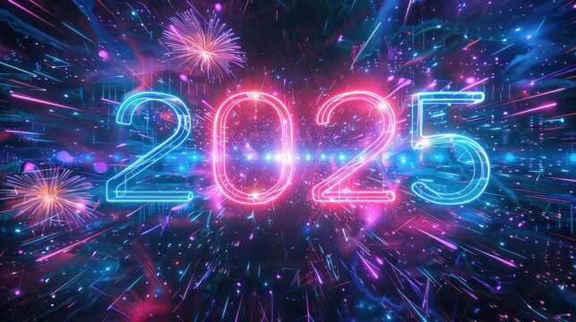 glowing neon numbers 2025 surrounded by colorful fireworks and dynamic light trails conveying celebration and futuristic excitement