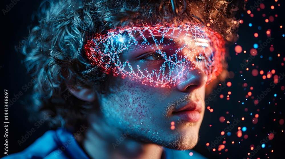 Aufkleber a person with a futuristic visor glowing with data streams. the image could be used in marketing for