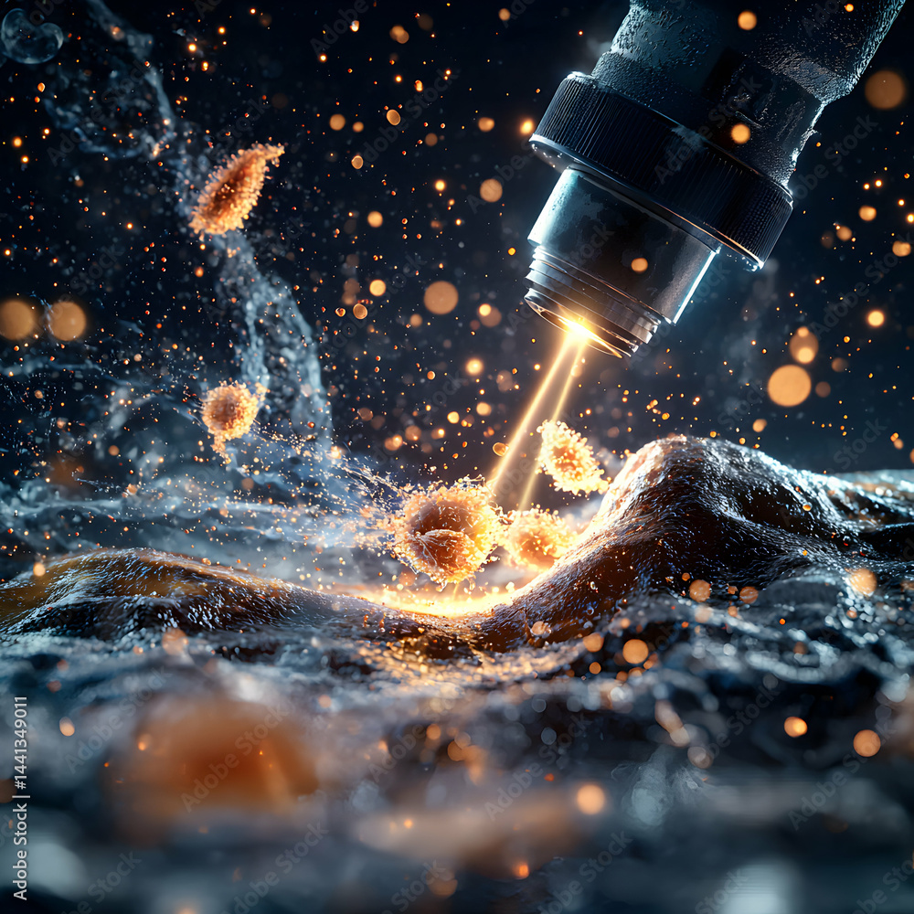 Poster image depicts a microscope beam focused on microscopic structures. application could be in biomedica