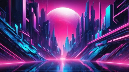 A vibrant retrofuturistic city glows with pink and blue neon light under a hazy pink sky orb
