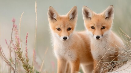 Fototapeta premium Eco-Conscious Wildlife Curious Red Fox Siblings in Soft Nordic Landscape - Sustainable Conservation Storytelling for Environmental Education