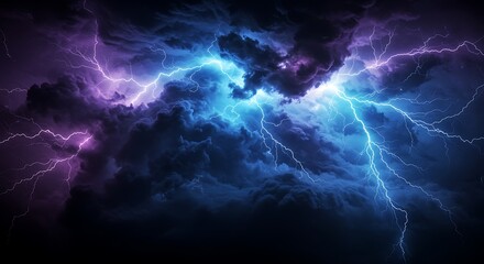 Dramatic thunderstorm with intense lightning bolts illuminating dark storm clouds