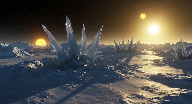 Alien frozen desert with giant ice spikes under three suns in the sky during sunset