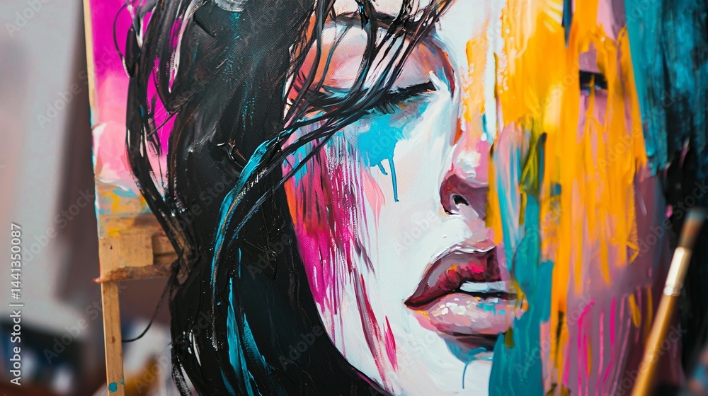 Poster surreal abstract portrait of a woman's face featuring unique elements that challenge perception and 