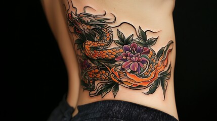 A woman has a tattoo of a dragon on her back