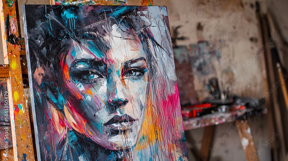 Poster captivating abstract portrait of a woman's face painted on canvas with surreal elements that challen