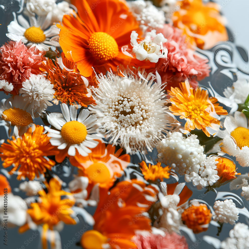 Poster floral arrangement in water displays various colorful blooms. ideal for creating serene and inviting