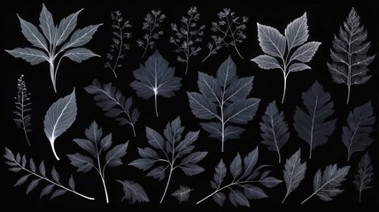 Botanical illustration presents a delicate arrangement of various translucent leaves in xray style.