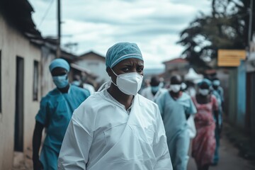 Healthcare workers prepare vaccines in a community outreach event during evening hours in a vibrant urban setting