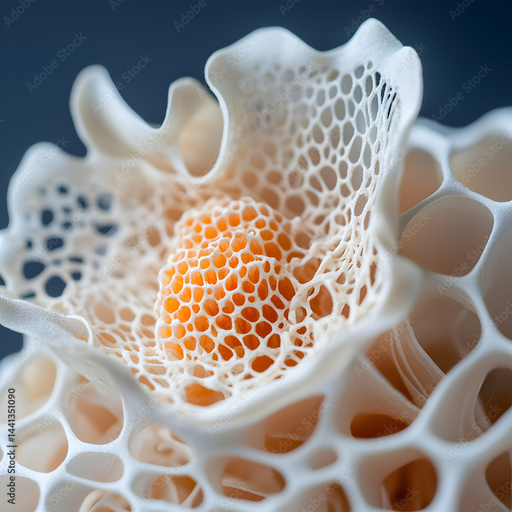Poster intricate 3d printed structure showcasing fine mesh detail with an orange core. used in complex arch