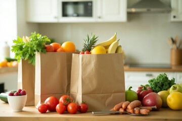 Fresh produce in brown paper bags on a kitchen counter.