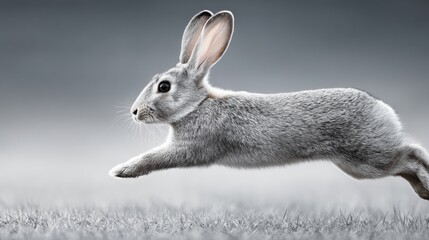 Obraz premium Dynamic Orthodox Easter Storytelling Silver Gray Rabbit Mid-Leap in Crisp Natural Landscape - Wellness and Freedom Visual Narrative for Lifestyle Branding and Pet Care Marketing