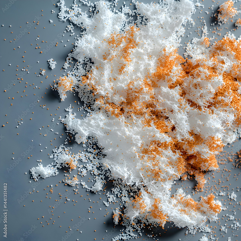 Poster abstract art featuring textured white and orange elements scattered on a grey surface. ideal for des