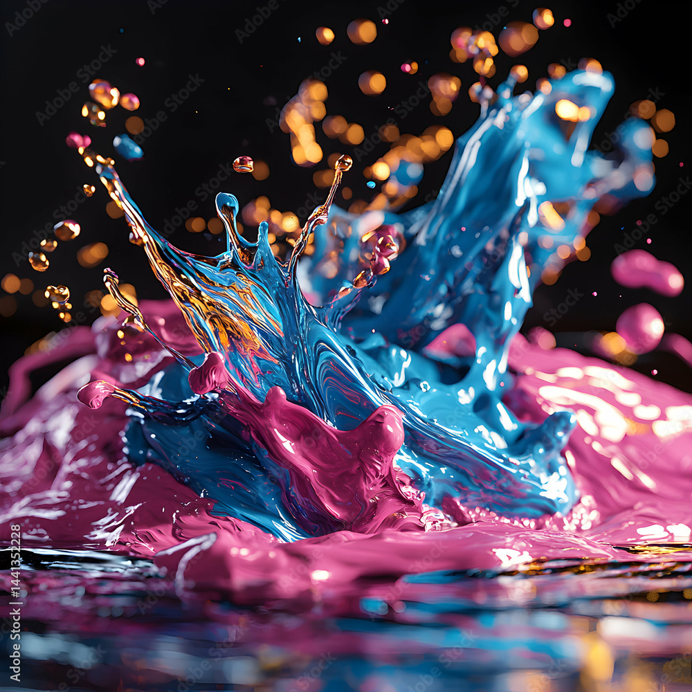 Poster a vibrant splash of blue and pink paint creating a dynamic artistic image. perfect for posters or ab