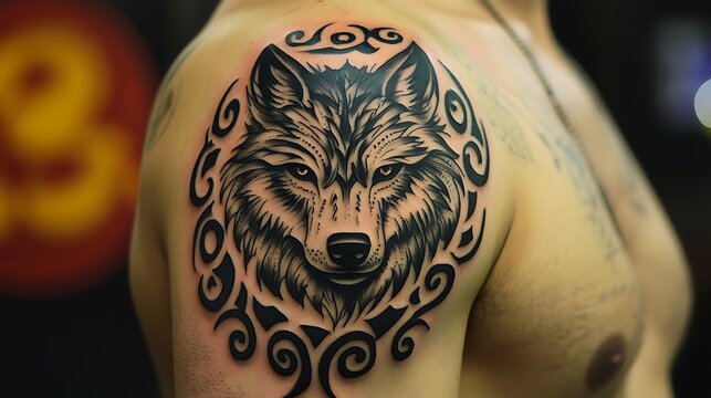 A man has a tattoo of a wolf on his arm