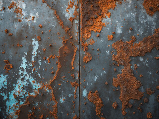 A heavily rusted metal panel shows layers of blue and gray paint underneath the corrosion.