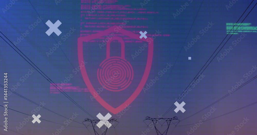 Aufkleber red shield lock fingerprint circuit being animated over power towers with streaming pink green code