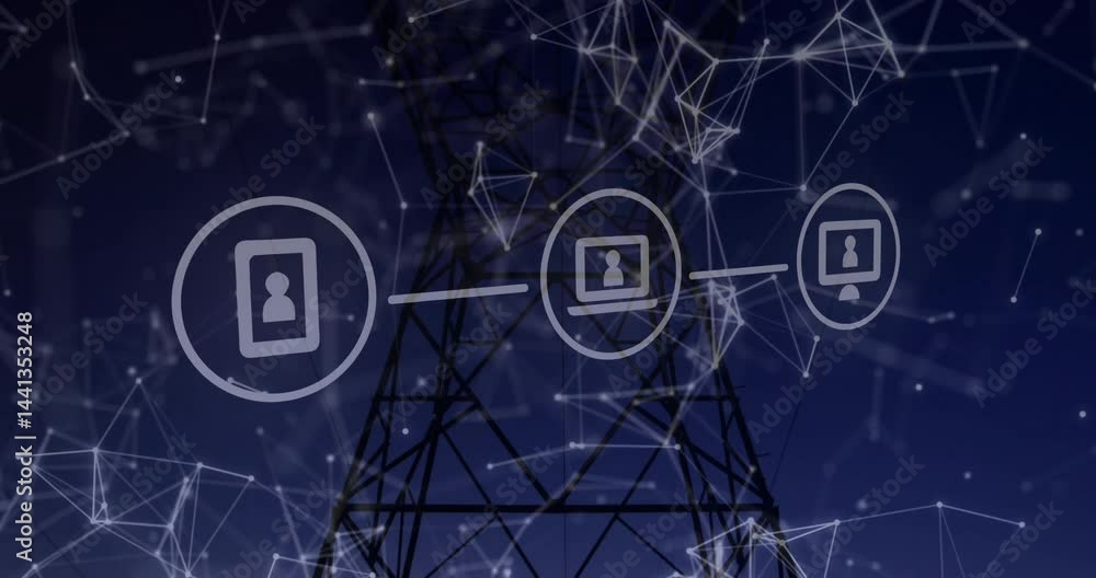 Poster tablet laptop desktop icons floating over tower at dusk highlighting network links in flat design