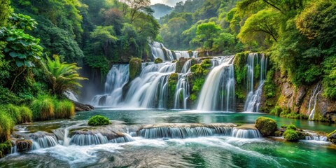 Obraz premium Waterfall cascade through dense foliage, river rapids