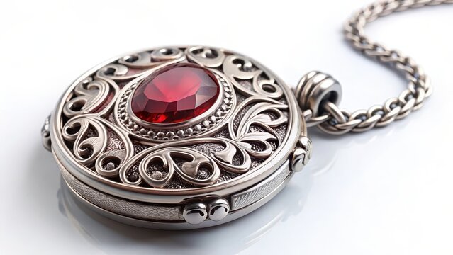 A ruby red gemstone set into a silver locket with intricate filigree details , Silver, Antique