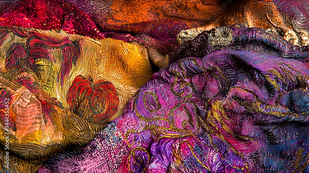 Poster pile of colorful fabrics in various textures and patterns perfect for artistic textile art creating 