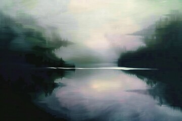 Calm misty lake scene at dawn with dark forest reflections and soft pastel sky creating a tranquil and mysterious atmosphere