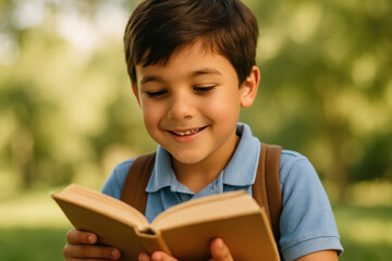 Joyful child engaged in reading a book outdoors on a sunny day