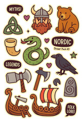 Fototapeta premium Illustrative Nordic Elements Stickers with Bear Viking Ship and Snake