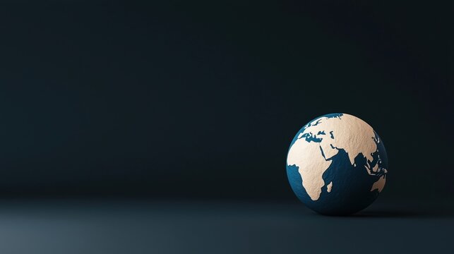 A small globe sits on a dark surface, highlighting continents with a minimalist style and ample negative space.
