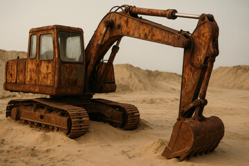 Rusty excavator in deserted sand landscape depicting industrial decay