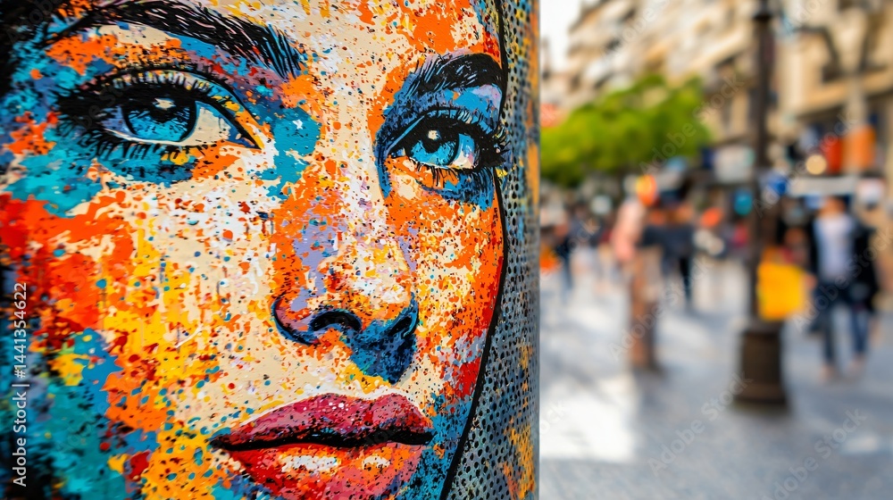Poster an artistic representation of a woman's face on a pole capturing the edgy urban art style with brigh