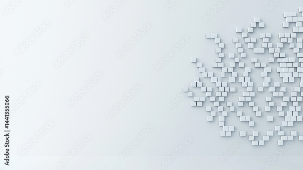 Poster minimalist white wall with scattered 3d square tiles forming an abstract geometric pattern on the ri