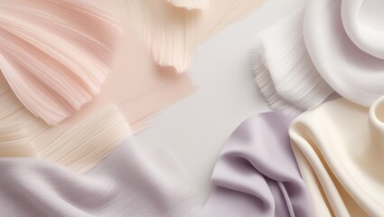 An abstract composition features delicate fabrics in ethereal pastel colors, with minimalist style.