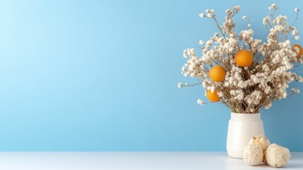 A still-life composition of a vase with flowers and oranges on a blue background.