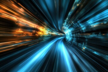 Dynamic Light Streams A Journey Through Hyperspace with Electric Blue and Orange Hues