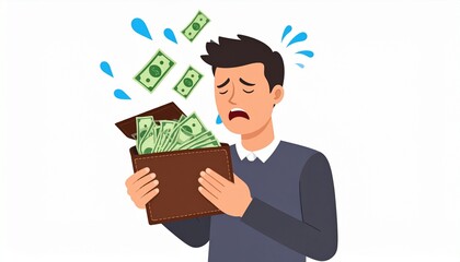 Illustration of a man holding a wallet crying his money fly by the wind, financial concept