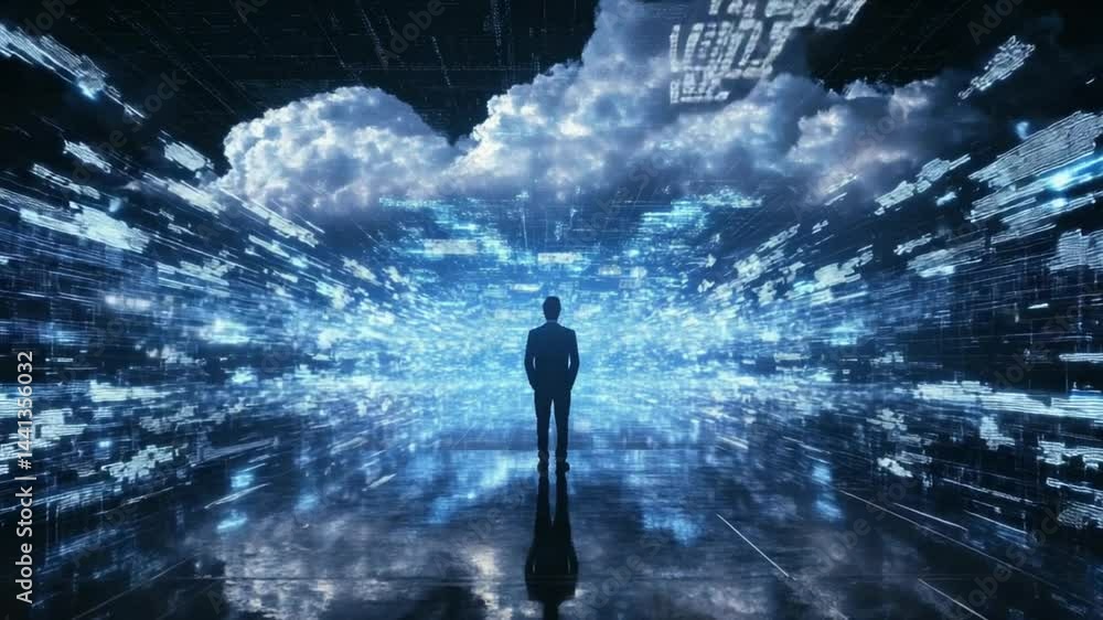 Poster navigating the digital realm: a silhouette exploring cloud computing and cyber technology
