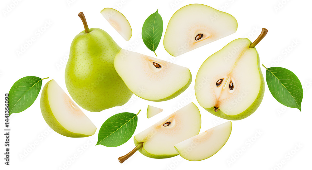 Poster a green pear with slices and leaves arranged on a black background in a studio setting view top