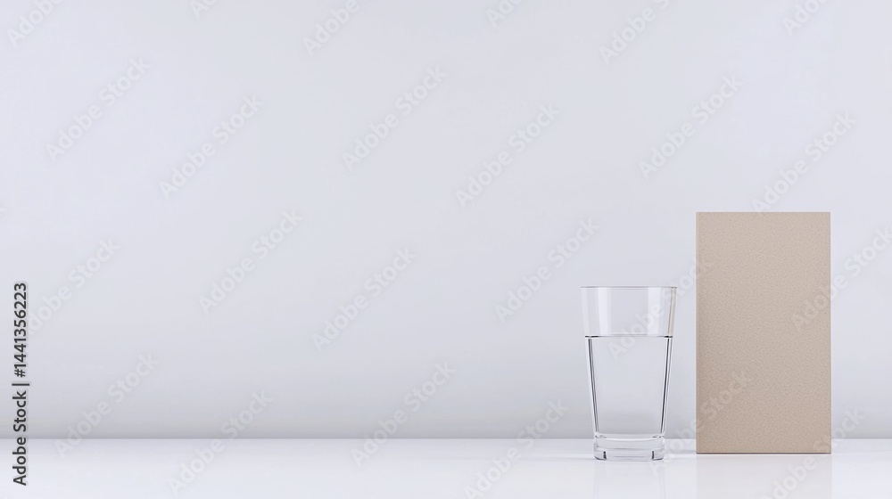 Poster a clear glass of water and a beige rectangular object on a glossy white surface with a minimalist ba