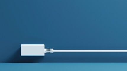 Minimalist image of a white cable and adapter against a plain blue background.