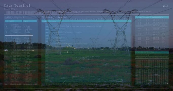 Terminal interface floating over grassy field, displaying code, listing data, showing encryption