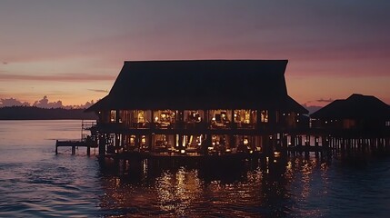 Obraz premium Sunset over illuminated overwater bungalow resort.