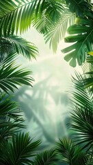 Obraz premium lush tropical green palm leaves surrounding a soft misty light clearing evoking calm and natural serenity