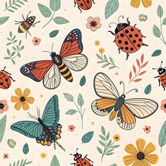 “Seamless pattern of colorful butterflies, ladybugs, and flowers on a light background.”

