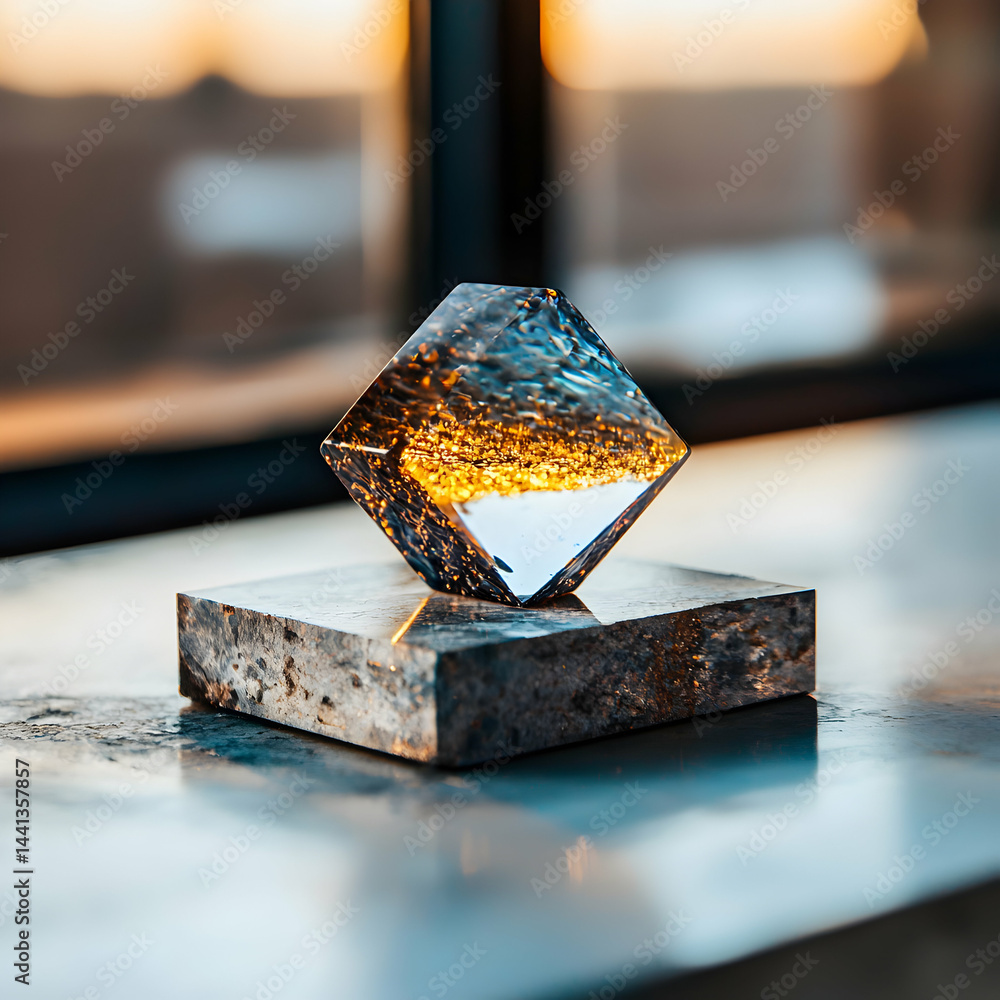 Poster a striking crystal object rests on a stone base reflecting light. its artistic design is suitable fo