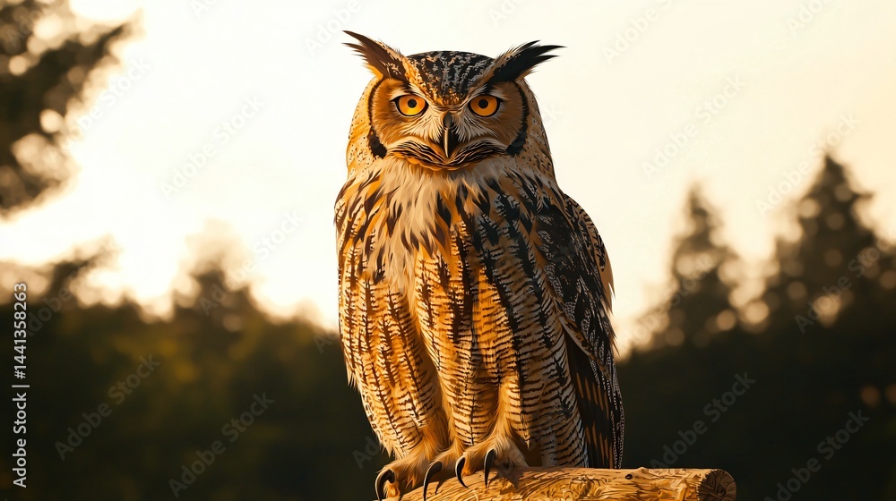 Aufkleber wise and mysterious owl perched on a branch at dusk surrounded by the soft glow of twilight in a qui